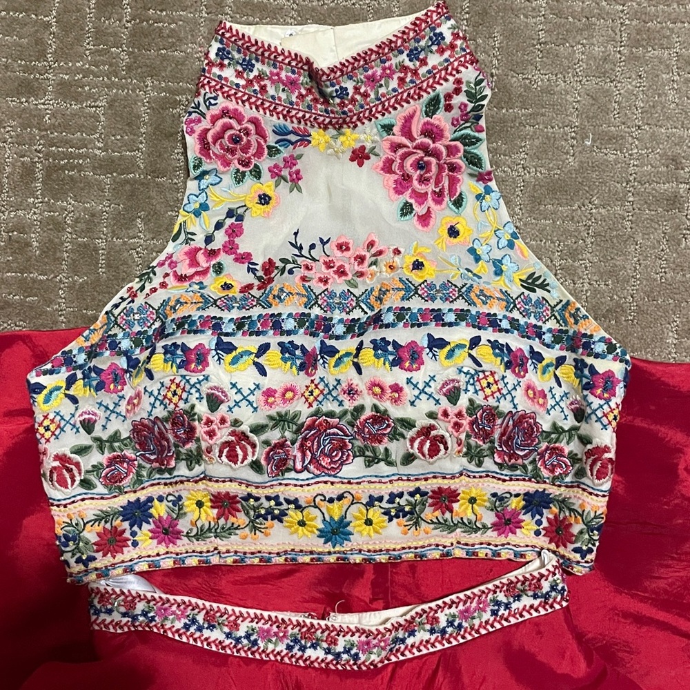 2016 Sherri Hill Red Floral Two Piece Halter Top Dress Size 4